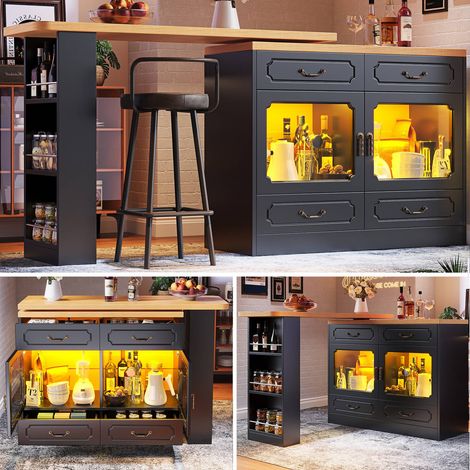 Table bar extensible 135‑203 x 39 x 92,8 cm led rotative 360° avec rangement – îlot salonchambresalle à manger, noir (1/5)
