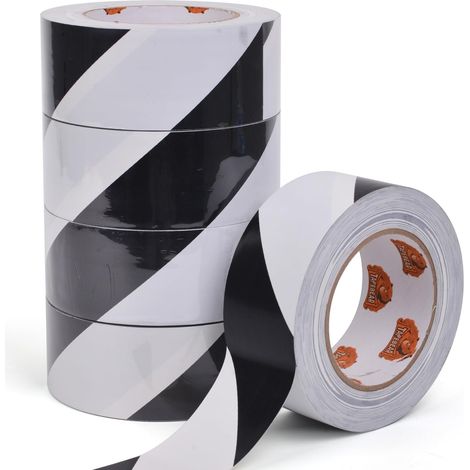 PVC Floor Marking Tape, Warning Tape, Adhesive Tape for Safety, for Stair Danger Warning, Black and White, 2 inches x 50 yards, 5 rolls (1/5)