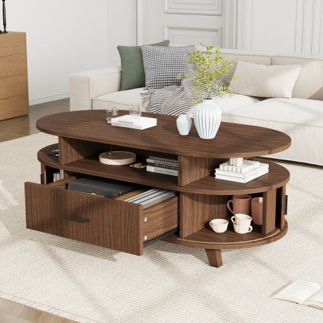 Table Basse Ovale, 100 x 50 x 40 cm, 1 Tiroir, 2 Rideaux Coulissants, 3 Étagères Ouvertes, Pieds en Bois, Noyer (1/5)