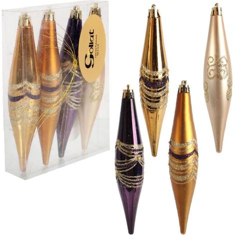 Set mit 4 Kunststoff-Weihnachtskugeln mit Glitzerverzierung, lila und gold, 14,5 cm (1/5)