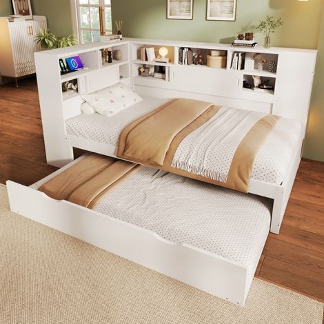 Letto contenitore 90x200 cm con letto estraibile, vano portaoggetti e USB, bianco DESVIAE (1/5)