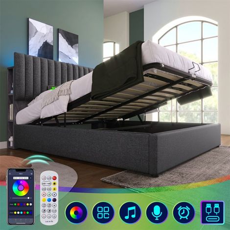 Lit rembourré 140x200 cm avec rangement, sommier lattes bois et recharge USB-C — lin gris (1/5)