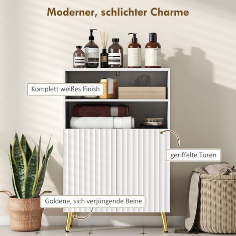 Meuble de salle de bain commode salon, portes à frein de fermeture, 2 étagères apparentes, MDF blanc (1/4)