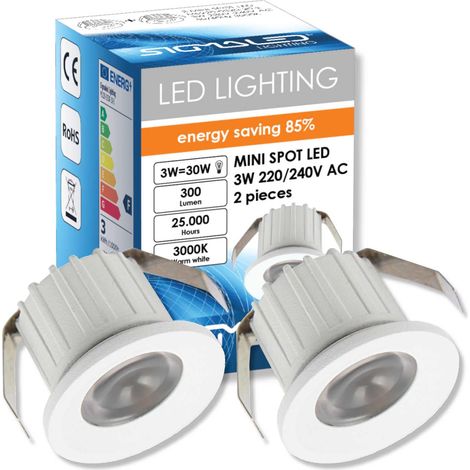 2x Mini Spot LED Encastrable 3W Dimmable 3000K Blanc Chaud, Rond Aluminium, Ø35x25mm Trou 30mm Faisceau 30°, Plafond Meuble Escalier, 220-240V Direct, 1 boite de 2 pcs (1/5)