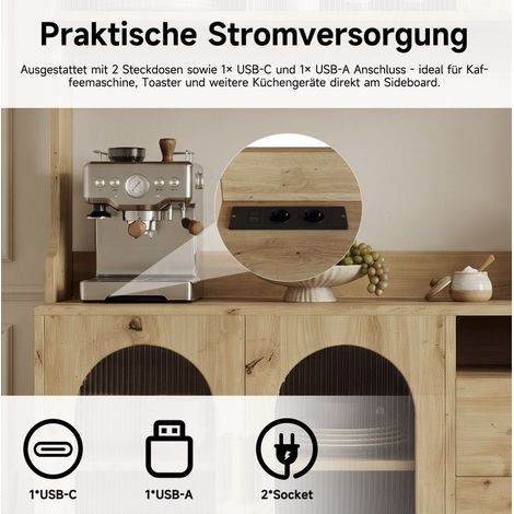 Buffet haut 120x40x178 cm avec prises intégrées USB-C et USB-A, façade en acrylique coloris bois (1/5)