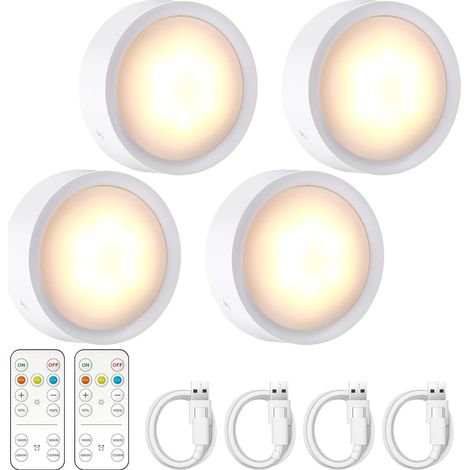 Spot LED Rechargeable USB 4 pcs, Veilleuse Cuisine Sans Fil Escalier Placard,3 Couleurs Dimmable,5 Niveaux de Luminosité, avec Télécommandes,Magnétique,Minuterie (avec Autocollant en Métal) (1/5)