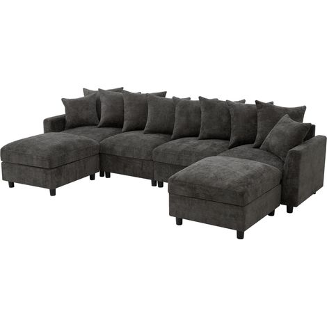 Canapé d'angle modulaire 6 places en Chenille grise avec 2 poufs et ports USB/Type-C (1/5)