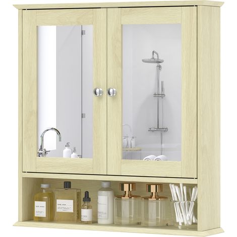 Badezimmerschrank mit Spiegel, Wandschrank mit 2 Türen, offenem Fach, verstellbarem Einlegeboden, 56 x 13 x 58 cm, Natur
