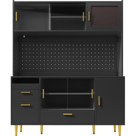 Buffet alto nero lucido 140x40x180 cm con LED, ante scorrevoli in vetro e porta magnetica (1/5)