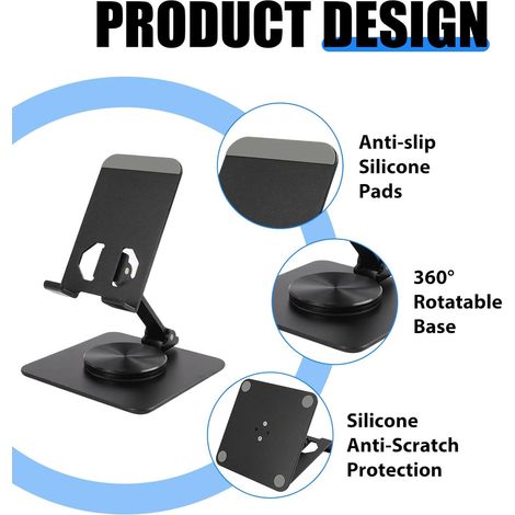 Support Téléphone Bureau 360° Rotatif,Support Smartphone Réglable en Hauteur,Support Tablette Pliable Universel en Métal,Porte Téléphone Stable pour Téléphone Portable et Tablette,Noir (1/5)