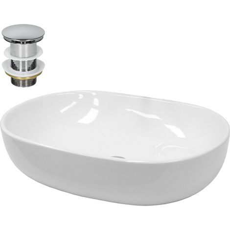 ECD Germany Lavabo de Baño Ø 600 x 420 mm Lavadero de Encimera Material Cerámico Cuenco Blanco Fregadero de Aseo Cascada Estilo Moderno y Elegante Sanitario Sobremesa Lavamanos con Juego de Drenaje (1/5)