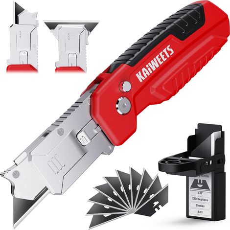 Cutter 2-en-1 avec Grattoir, Cutter Pliable avec Verrouillage à 3 Angles, Corps en Alliage de Zinc Robuste, incl. 13 Lames et Rangement de Lames, pour Carton, Tapis, DIY, Rouge (1/5)