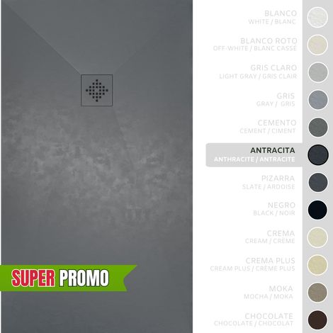 SOULBATH Plato de Ducha - Resina - Gel Coat - Textura Liso/Piedra - Antideslizante  - Color Antracita - 70X70- Extraplano 3cm. Incluye Válvula desagüe y Rejilla - REJILLA MISMO COLOR (1/5)