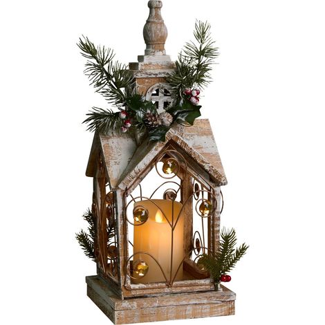 Lanterne Décorative de Noel LED en Bois de Sapin Fait Main Marron Clair Syvansi