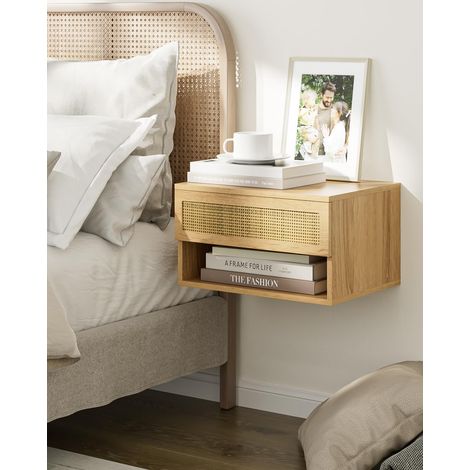 Floating Bedside Table, Small Modern Floating Bedside Table with Drawers, Floating Shelves in Bedrooms and Bathrooms (Oak Rattan) (1/5)