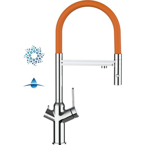 Rubinetto 4 vie miscelatore cucina cromato con canale separato per acqua filtrata, canna arancione movibile e doccia due getti staccabile - serie BOD