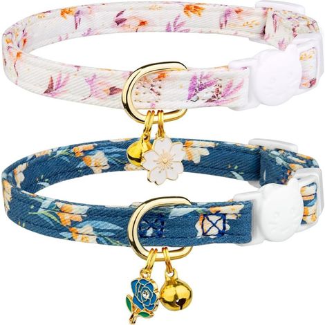 Conjunto de 2 collares de algodón para gatos, con colgantes de flores blancas y azules, con cascabel (blanco/azul).