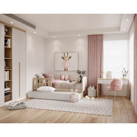 Lit enfant Tedy 90X190 cm - 1 Matelas , 1 Sommier et Tiroir inclus Pin - Blanc (1/3)
