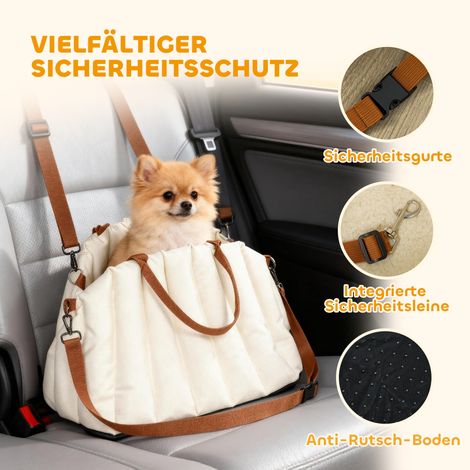 Sac de voyage chien -5 kg, 2 sangles, toile Oxford, coussin, laisse, blanc cassé (1/4)