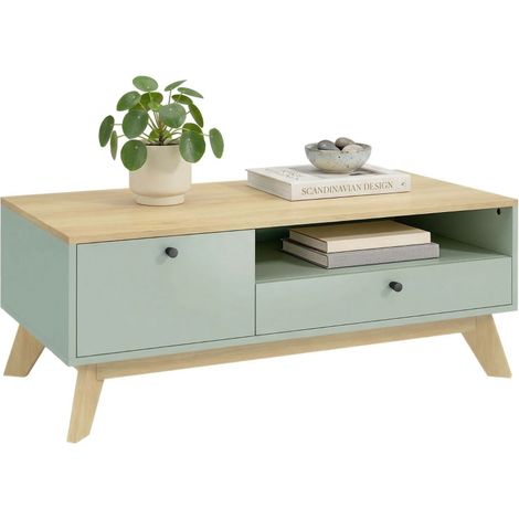Table basse rectangulaire avec tiroir et compartiment ouvert en vert clair et chêne pour salon moderne et élégant (1/5)