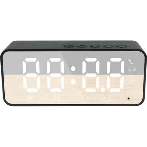 Réveil mini-miroir portable en plastique avec haut-parleur intégré, cadran en miroir, idéal pour la chambre ou le bureau (version standard noire). (1/5)