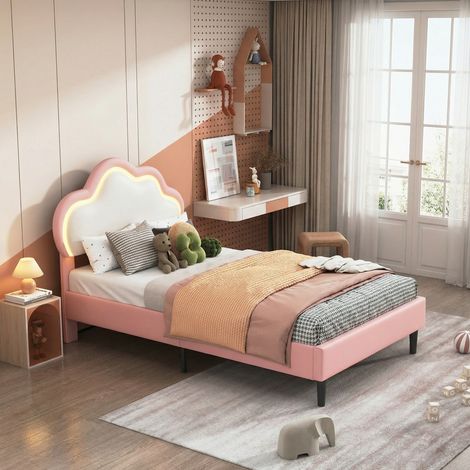 Lit Enfant 90x200 cm, Lit Fille Princesse avec Éclairage LED, Tête de lit Réglable en Forme de Couronne,Cadre de lits Rembourré avec Sommier à Lattes,Pour Enfants & Adultes-PU,Blanc