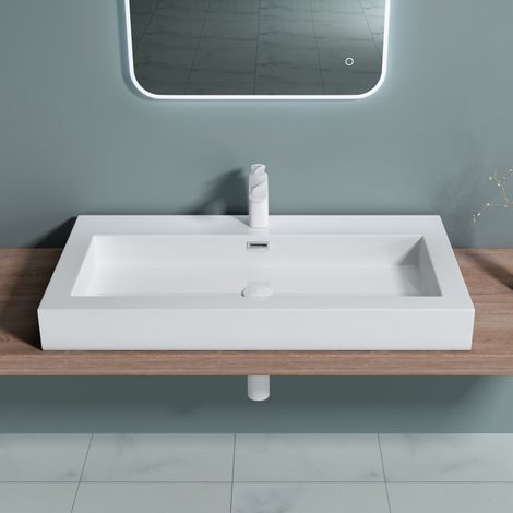 doporro® Lavabo suspendido o Lavabo sobre encimera blanco rectangular Colossum818 de 90cm de ancho Lavabo de mármol mineral fundido