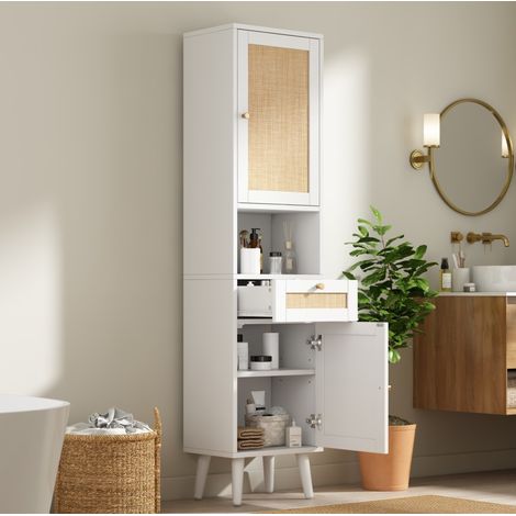 Armario alto de baño blanco 40 x 30 x 166 cm con puertas de ratán, cajón y estantes abiertos (1/5)