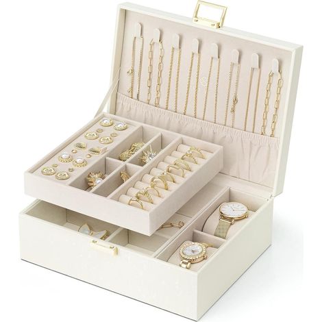 Schmuckkästchen Damen 2 Ebenen Leder Uhrenkissen Ringe Beige (1/5)