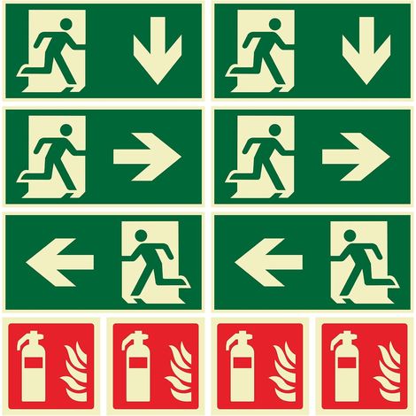 Lot de 10 panneaux de sortie de secours et d'extinction d'incendie, 4 extincteurs (10 x 10 cm) + 6 panneaux de sortie de secours (30 x 15 cm), autocollants, phosphorescents, en PVC, pour la maison, le (1/5)