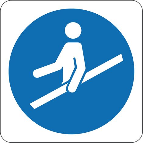 Utilisation obligatoire d’un panneau de rampe - Panneau de sécurité d’escalier conforme à la norme ISO 7010 - Matériau : Aluminium - Taille : 125125 mm - Material: Aluminum - Size: 166166mm