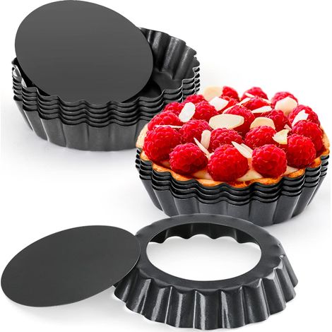 Juego de 12 moldes pequeños para tartaletas (10 cm de diámetro), antiadherentes, con base desmontable, reutilizables, para tortitas, quiches, pasteles, tartas de queso y postres. (1/5)