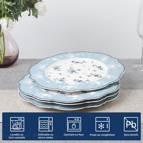 Assiettes Plates en Porcelaine, Grand Assiette Bleu et Blanc, Vintage Service de Table pour 4 Personnes (1/5)