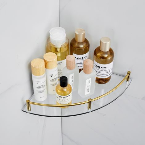 Gold Set of 2 Bathroom Glass Corner Shelf Wall Mounted (1/5)