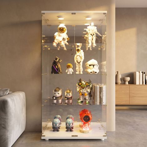 Vitrina de cristal con iluminación - Vitrina moderna de cuatro niveles con 2 puertas - Vitrina de cristal templado - Blanca