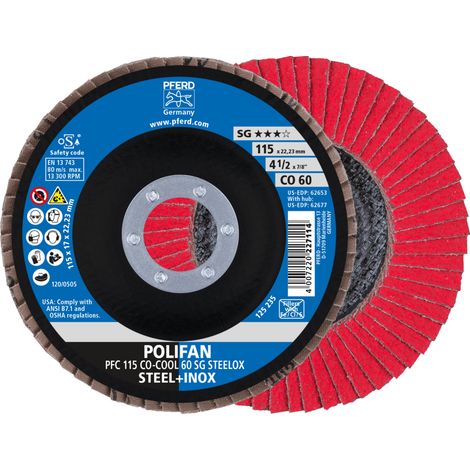 PFERD TOOLS POLIFAN Fächerscheibe PFC 115x22,23 mm konisch CO-COOL 60 SG STEELOX Stahl/Edelstahl 10 Stk