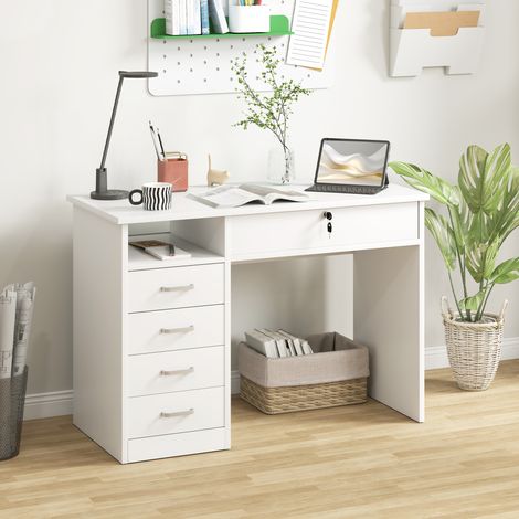 Bureau en bois pour chambre ou bureau avec 2 tiroirs et 2 clés. 110 x 50 x 76 cm - Blanc (1/5)