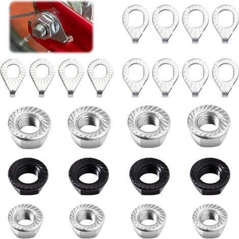24 pièces Kit d'écrous à bride pour roue de vélo 12 pièces Écrous pour vélo et 12 pièces Rondelles de sécurité M8 M9,5 M10 pour roue avant et arrière de vélo de ville (1/4)