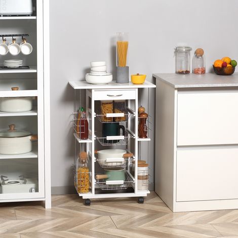 Carrello da cucina HOMCOM con ruote, carrello per verdure con cassetto, cestelli e ripiani laterali, 57x37x83 cm, bianco