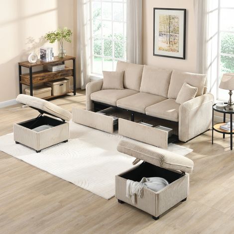 Canapé d'angle multifonctionnel 3 places,Rangement Tiroirs et Poufs,Fonction Couchage, Tissu Chenille,Beige (1/5)