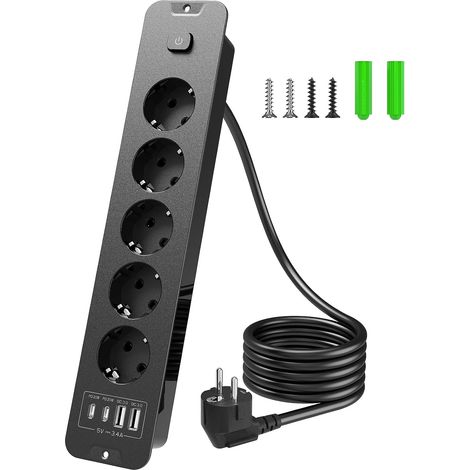 1 Multiprise Encastrable, 5 Prises, 2 Ports USB-C PD 20W, 2 Ports USB-A, Câble 2m, Pour Cuisine Et Bureau (1/5)
