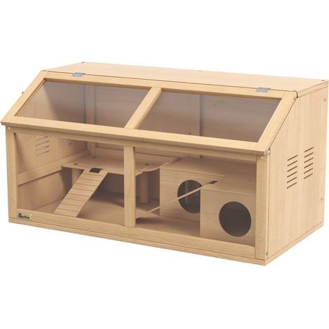 Hamsterkäfig aus Holz, geräumiges Gehege, Nagergehege, Belüftung, Deckel zum Öffnen, Zubehör, 85 x 45 x 44 cm, Naturholz