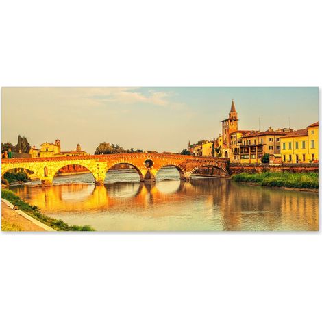 Lupia - Quadro moderno su Tela Canvas DEEP 65X143 cm, con paesaggi e localismi italiani, per casa, soggiorno, capezzale camera da letto, hotel, ufficio, VERONA - PONTE DI PIETRA AL TRAMONTO (1/4)