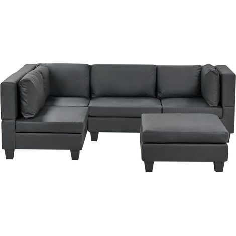 Canapé d'Angle Moderne Modulaire 4 Places Côté Droit avec Ottoman en Cuir PU Noir Unstad