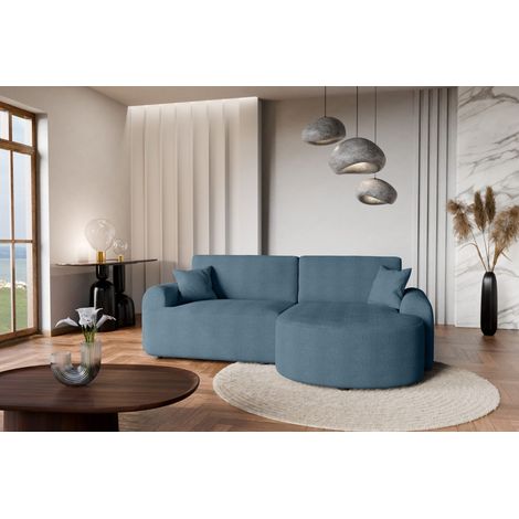 Divano angolare destro moderno con funzione letto in bouclé blu – ARTE PREMIUM, direttamente dal produttore (1/5)