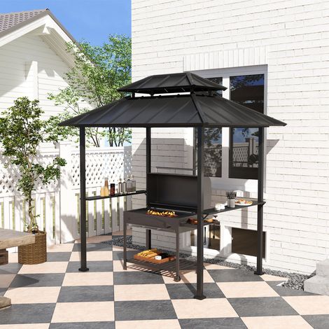 Tonnelle de barbecue abri barbecue à double-toit rigide avec 2 étagères et crochet supérieur, 244x184x258cm, noir