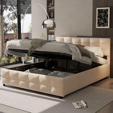 Bett gepolstert beige 180x200 cm mit weichem Kopfteil, Lattenrost und hydraulischem Stauraum unter dem Bett (1/5)