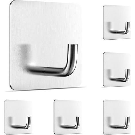 6 Pieces Stainless Steel Adhesive Hooks, No Drilling Required Wall Hooks, Hook Kit for Hanging Bathroom, Kitchen, Ceiling, Wall, Door, Bathrobes, Towel Rack (Silver) (1/5)