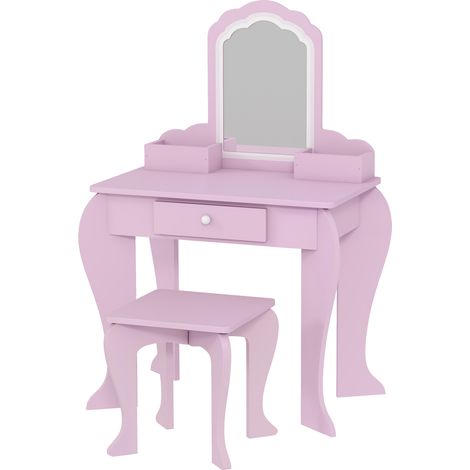 ZONEKIZ Set Toeletta Trucco per Bambina con Specchio e Sgabello in Legno Rosa (1/5)