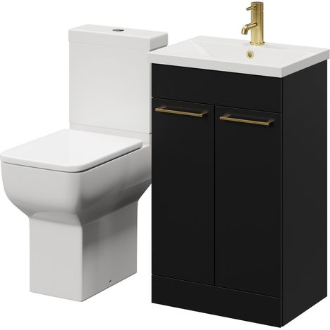 Alessio Matt Black 500mm Vanity Unit and Toilet Suite including Comfort Height Toilet and Floor Standing Vanity Unit with 2 Doors and Brushed Brass Handles (1/5)